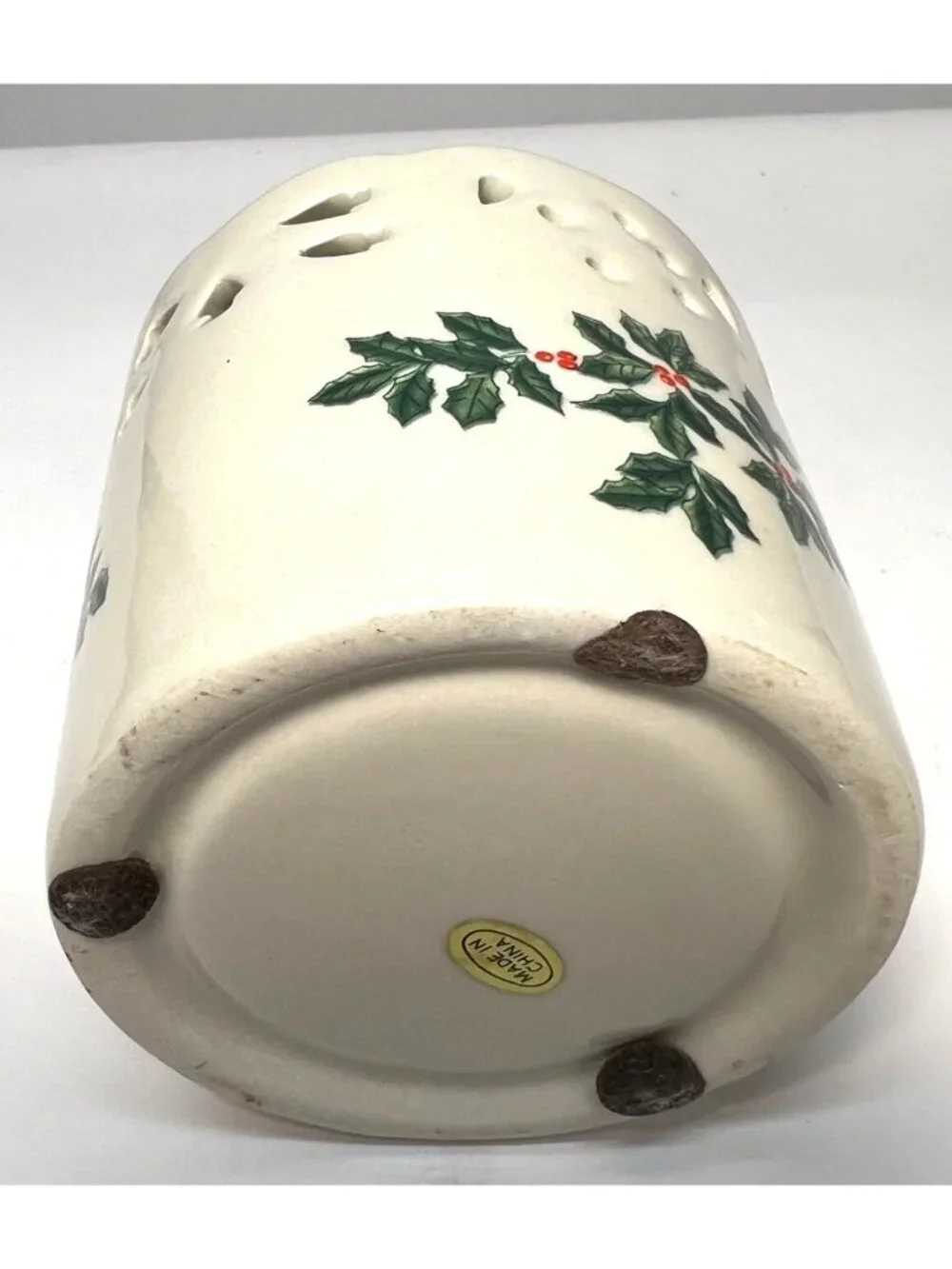 Vintage Christmas Holly Ceramic Votive Candle Holder Pierced Design 4